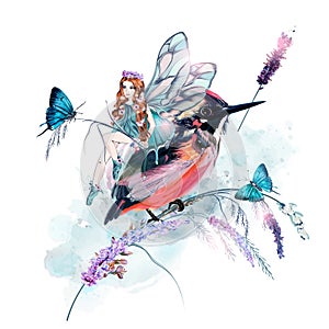 Beautiful vector illustration with girl fairy, butterflies, lavender flowers and bird