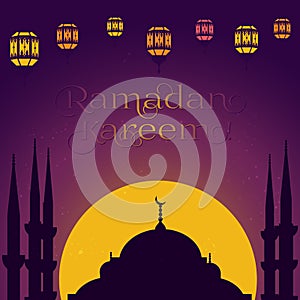 Beautiful vector illustration with lanterns fanus and mosque for the muslim feast of the holy month of Ramadan.