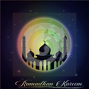 `Ramadan Kareem` theme with colorful mosque and moon decorations. background vector design illustration