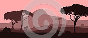 Beautiful vector landscape of African savannah with animals in red evening colors