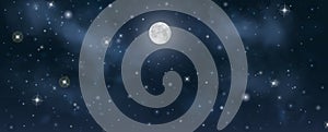Beautiful vector night starry sky with shining moon on it, space mist and light clouds