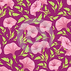 Beautiful vector pink petunia flower with leaf repeat pattern background