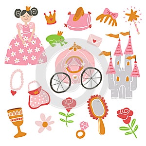 Beautiful vector princess, castle, carriage, frog
