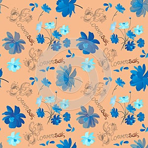 Beautiful vector seamless floral pattern with blue cosmos flowers and lettering on light orange background