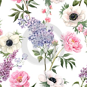 Beautiful vector seamless floral pattern with watercolor anemones, lilac and peony flowers. Stock illustration.