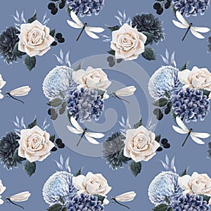 Beautiful vector seamless floral pattern with watercolor blue flowers, white roses and dragonflies . Stock illustration.