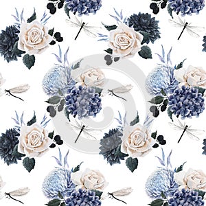 Beautiful vector seamless floral pattern with watercolor blue flowers, white roses and dragonflies . Stock illustration.