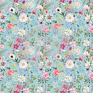 Beautiful vector seamless floral pattern with watercolor hand drawn gentle summer flowers. Stock illustration. Natural