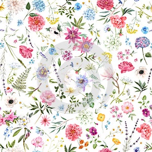 Beautiful vector seamless floral pattern with watercolor hand drawn gentle summer flowers. Stock illustration. Natural