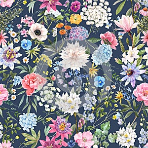 Beautiful vector seamless floral pattern with watercolor hand drawn gentle summer flowers. Stock illustration. Natural