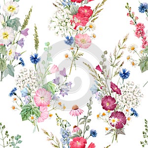 Beautiful vector seamless floral pattern with watercolor summer flowers. Stock illustration.