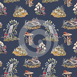 Beautiful vector seamless forest pattern with cute watercolor hand drawn wild animals snake mouse frog and berries