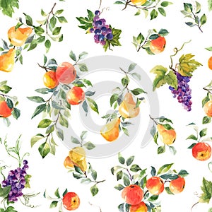 Beautiful vector seamless pattern with hand drawn watercolor tasty summer pear apple grape fruits. Stock illustration.