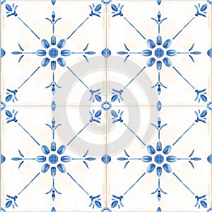 Beautiful vector seamless pattern with watercolor hand drawn blue dutch style tiles . Stock illustration.