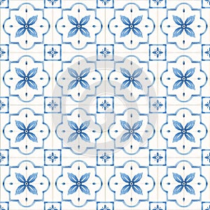 Beautiful vector seamless pattern with watercolor hand drawn blue dutch style tiles . Stock illustration.