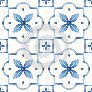 Beautiful vector seamless pattern with watercolor hand drawn blue dutch style tiles . Stock illustration.