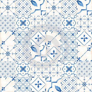 Beautiful vector seamless pattern with watercolor hand drawn blue dutch style tiles . Stock illustration.