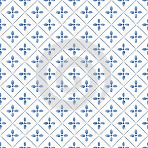 Beautiful vector seamless pattern with watercolor hand drawn blue dutch style tiles . Stock illustration.