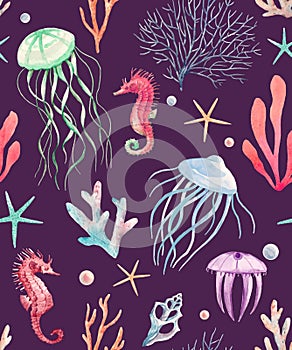 Watercolor sea life vector pattern