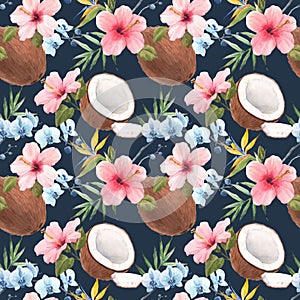 Beautiful vector seamless tropical pattern with watercolor hand drawn coconut, rose hibiscus and blue orchid. Stock