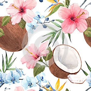 Beautiful vector seamless tropical pattern with watercolor hand drawn coconut, rose hibiscus and blue orchid. Stock