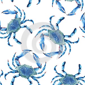 Beautiful vector seamless underwater pattern with watercolor blue crabs. Stock illustration.