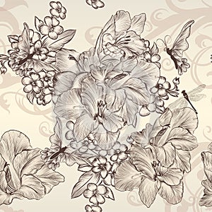 Beautiful vector seamless wallpaper with flowers in vintage style