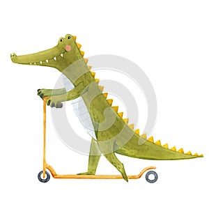 Beautiful vector stock illustration with cute watercolor crocodile on scooter. Baby alligator hand drawn painting.