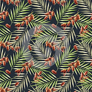Beautiful vector tropical seamless pattern with hand drawn watercolor palm tree leaves and date fruit branches. Stock