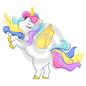Beautiful vector unicorn with golden wings. Vector illustration.