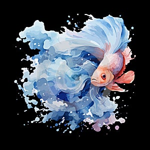 Beautiful vector watercol illustration of fish. Watercolor explosion on a black background,