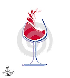 Beautiful vector wine goblet with splash, alcohol theme illustration. Stylized art wineglass, decorative romantic rendezvous