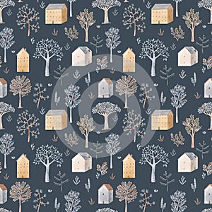 Beautiful vector winter seamless pattern with hand drawn watercolor cute trees and houses. Stock illustration.