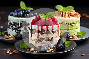 Beautiful vegan cakes crafted from coconut milk and nut butters decorated with berries