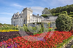 Beautiful vegetable garden with chateau Villandry on the background, Loire region, France.