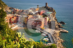 Beautiful Vernazza town on the coastline of Cinque Terre by the Ligurian Sea, Italy