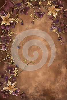 Beautiful vertical floral background with clematis flowers and space for text, botanical backdrop in brown tones with copy space