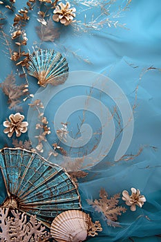 Beautiful vertical natura blue background, sea theme backdrop with copy space, tropical sea shells, top view, blank space