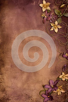 Beautiful vertical natura brown background with clematis flowers and space for text, botanical backdrop with copy space on grunge photo