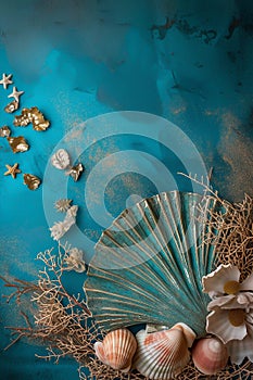 Beautiful vertical natura teal background, marine theme backdrop with copy space, grunge texture, tropical sea shells, top view,