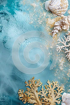 Beautiful vertical natura turquoise background, ocean theme backdrop with copy space, grunge texture, tropical sea shells, top
