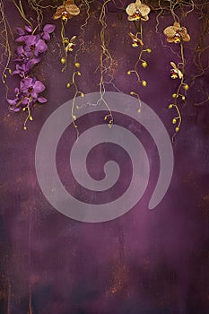 Beautiful vertical natura violet background with golden orchids and space for text, botanical backdrop with copy space on grunge photo