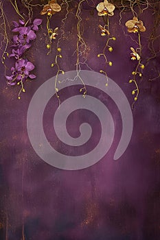 Beautiful vertical natura violet background with golden orchids and space for text, botanical backdrop with copy space on grunge