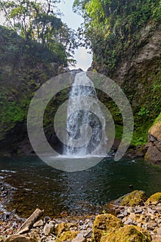 Beautiful vertical shot of a waterfall flowing through a mossy rough cliff in Xico, Veracruz, Mexico