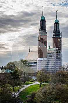 Beautiful vertical view of the famous Hogalid church on park hill in Stockholm Sweden.