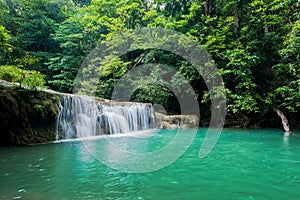 Beautiful and very nice green waterfall for relaxation, Erawan waterfall