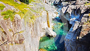 Beautiful Verzasca River at Lavertezzo in the Verzasca Valley, Ticino Tessin in Switzerland.- Nature landscape background