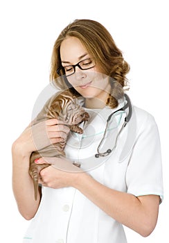 Beautiful veterinarian with puppy sharpei dog.