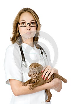 Beautiful veterinarian with puppy sharpei dog.