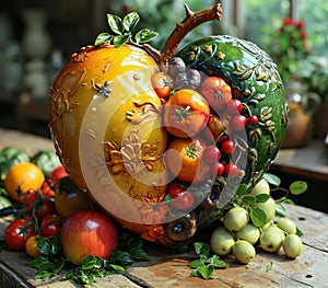 A beautiful and vibrant fruit sculpture rests elegantly on top of a sturdy wooden table.